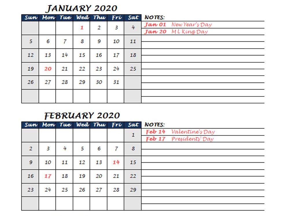 Printable 2020 Quarterly Calendar template - Template Vista